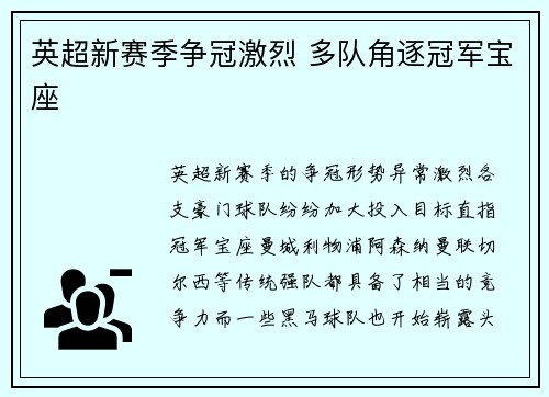 英超新赛季争冠激烈 多队角逐冠军宝座
